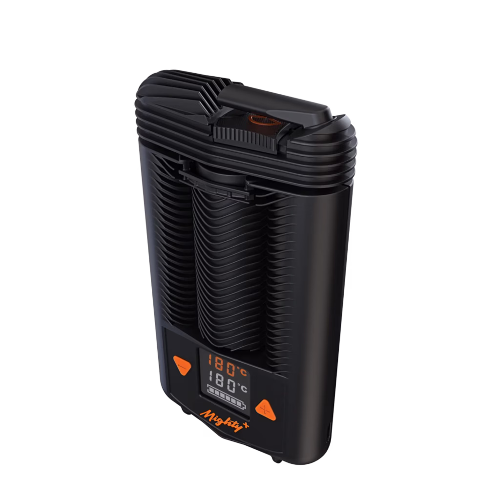 Side view of the Mighty Medic Plus vaporiser showcasing its ergonomic shape and heat vents