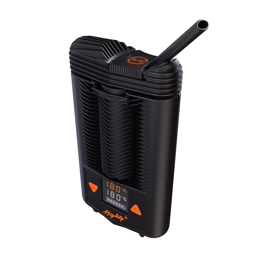 Side view of the Mighty Plus vaporiser with the mouthpiece open, showcasing the ergonomic design and easy access for use