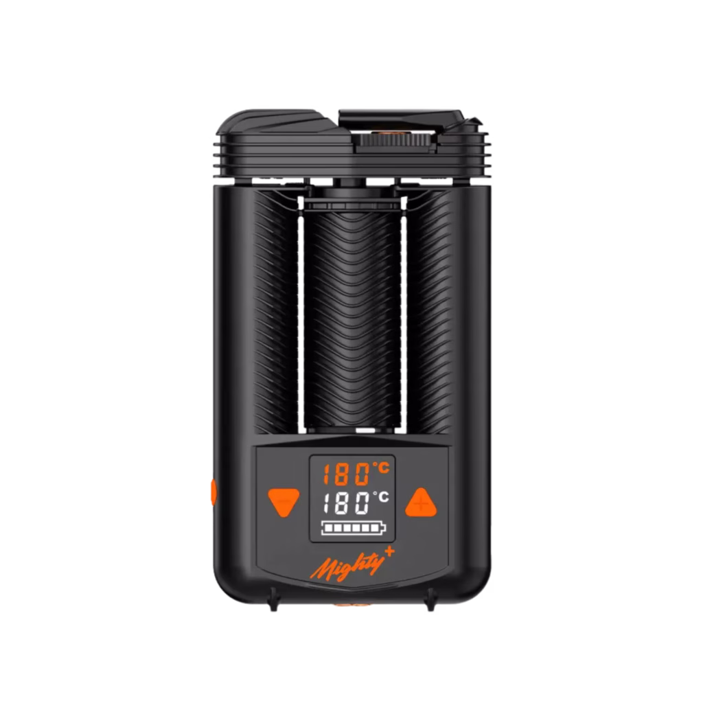 Front view of the Mighty+ vaporiser showing the digital display, control buttons, and compact design.