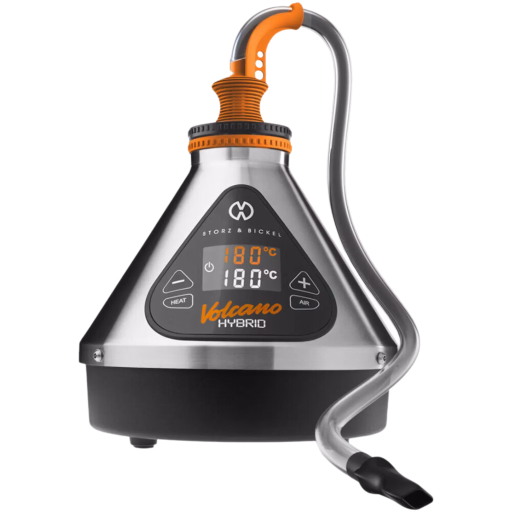 Front view of the Volcano Medic 2 vaporiser with tube attached, displaying the digital touchscreen and connected whip for direct draw