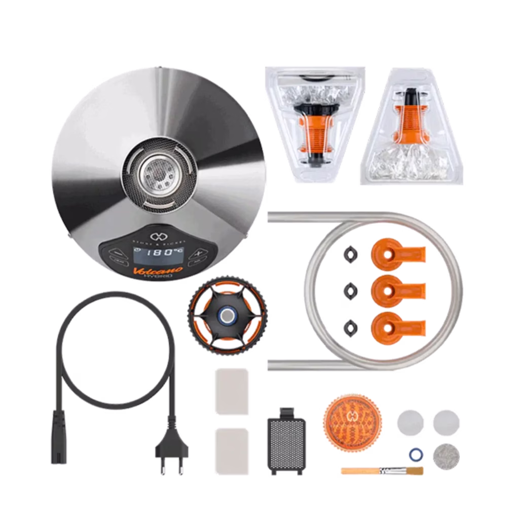 Volcano Medic 2 vaporiser with included accessories, including the Easy Valve balloon, tube kit, and power cable