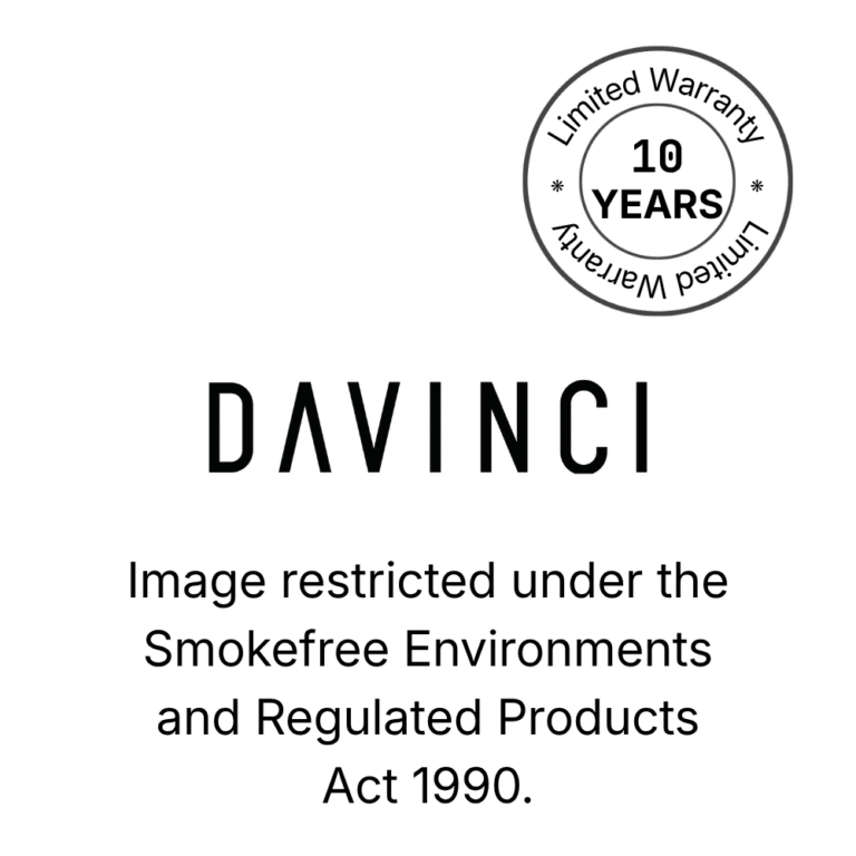 DaVinci logo on a black background: the word 'DAVINCI' in dark grey spaced capital letters, accompanied by a partial double-ring circle graphic in the upper right corner with 10 year warranty