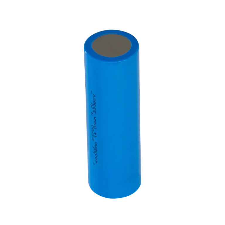 A blue 21700 DaVinci lithium-ion rechargeable battery shown at a slight angle, with a flat grey negative terminal visible on top. The label reads 4000mAh, 21700, 14.80Wh, with a date code of 230620.