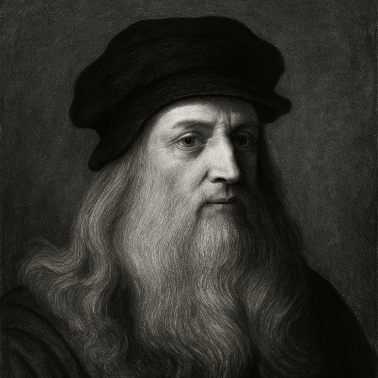 Black and white portrait illustration of Leonardo da Vinci, DaVinci vaporiser brand namesake