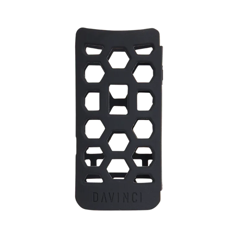 DaVinci MIQRO stealth silicone protective glove in matte black, shown flat from the front. The form-fitting sleeve features a honeycomb cut-out pattern across the body for grip and heat dissipation, with 'DAVINCI' embossed at the bottom.