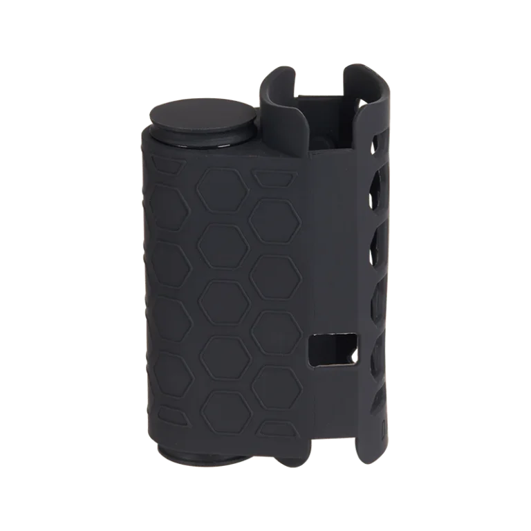 DaVinci MIQRO C Sesh Pack silicone case in matte black, shown empty at an angle. The case features a raised honeycomb texture on the rounded herb storage tube on the left, and an open lattice section on the right designed to hold the MIQRO C vaporiser, with a small button cut-out visible on the side.