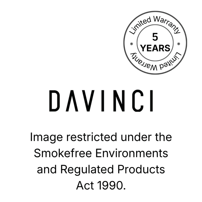 Davinci logo on a black background: the word 'DaVinci' in dark grey spaced capital letters with the registered trademark symbol, accompanied by a partial double-ring circle graphic in the upper right corner with 5 year warranty