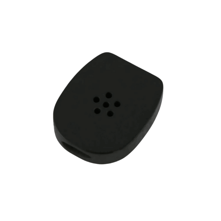 DaVinci MIQRO silicone mouthpiece in matte black with perforated holes, top-down angled view