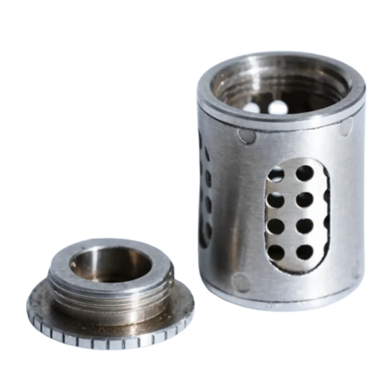DaVinci IQ Series stainless steel dosing capsule disassembled, showing perforated body and threaded base cap