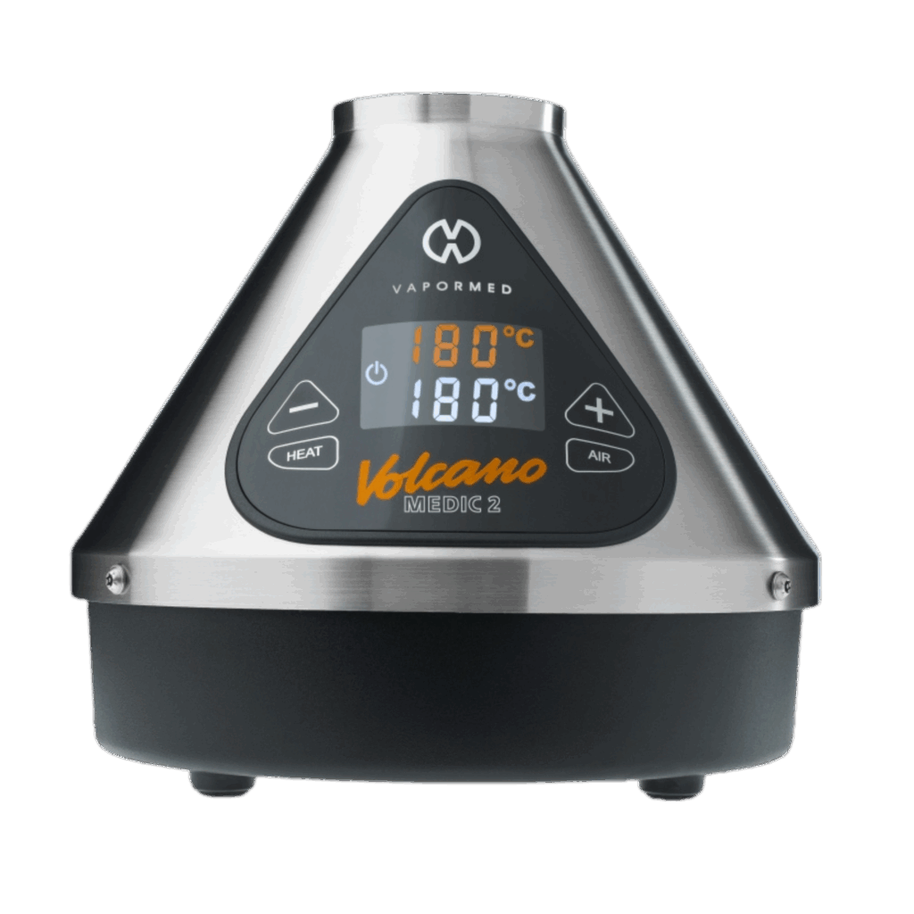 Front view of the Volcano Hybrid vaporiser by Storz & Bickel, showing the digital touchscreen display and iconic cone-shaped design