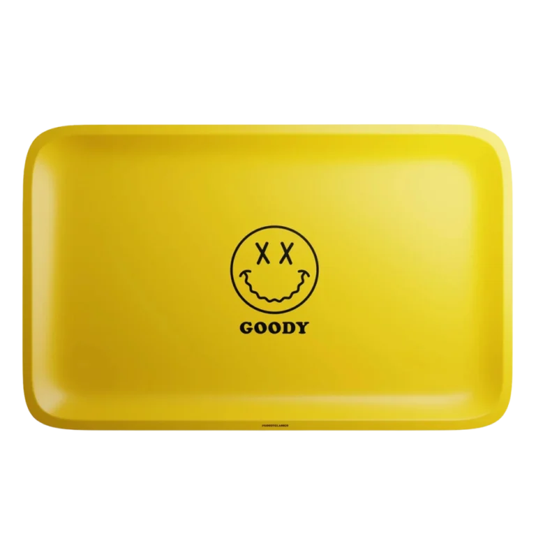Goody Glass Big Face rolling tray in yellow with black smiley face logo, top-down view