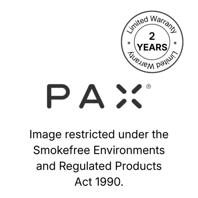 PAX® logo on a black background: the word 'PAX' in dark grey spaced capital letters with the registered trademark symbol, accompanied by a partial double-ring circle graphic in the upper right corner with 2 year warranty