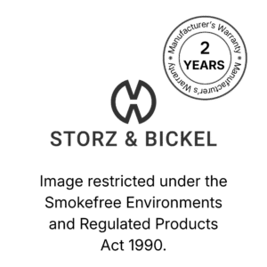 Storz & Bickel logo on a black background: the interlocking S&B monogram icon in dark grey above the text 'STORZ & BICKEL' in spaced capital letters, with a partial double-ring circle graphic in the upper right corner with 2 year warranty.