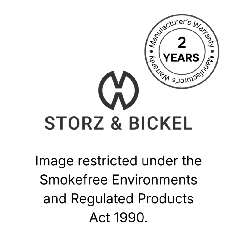 Storz & Bickel logo on a black background: the interlocking S&B monogram icon in dark grey above the text 'STORZ & BICKEL' in spaced capital letters, with a partial double-ring circle graphic in the upper right corner with 2 year warranty.