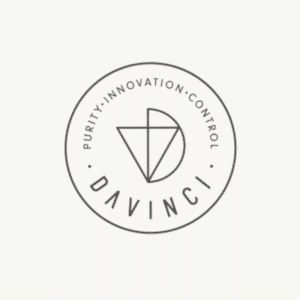 Davinci logo on a grey background: the word 'DaVinci' in dark grey spaced capital letters with the tag line: purity, innovation, control.