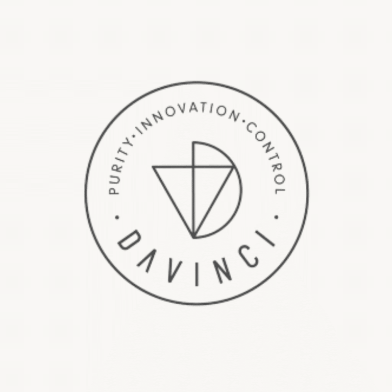 Davinci logo on a grey background: the word 'DaVinci' in dark grey spaced capital letters with the tag line: purity, innovation, control.