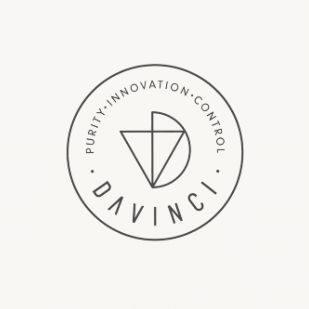 Davinci logo on a grey background: the word 'DaVinci' in dark grey spaced capital letters with the tag line: purity, innovation, control.