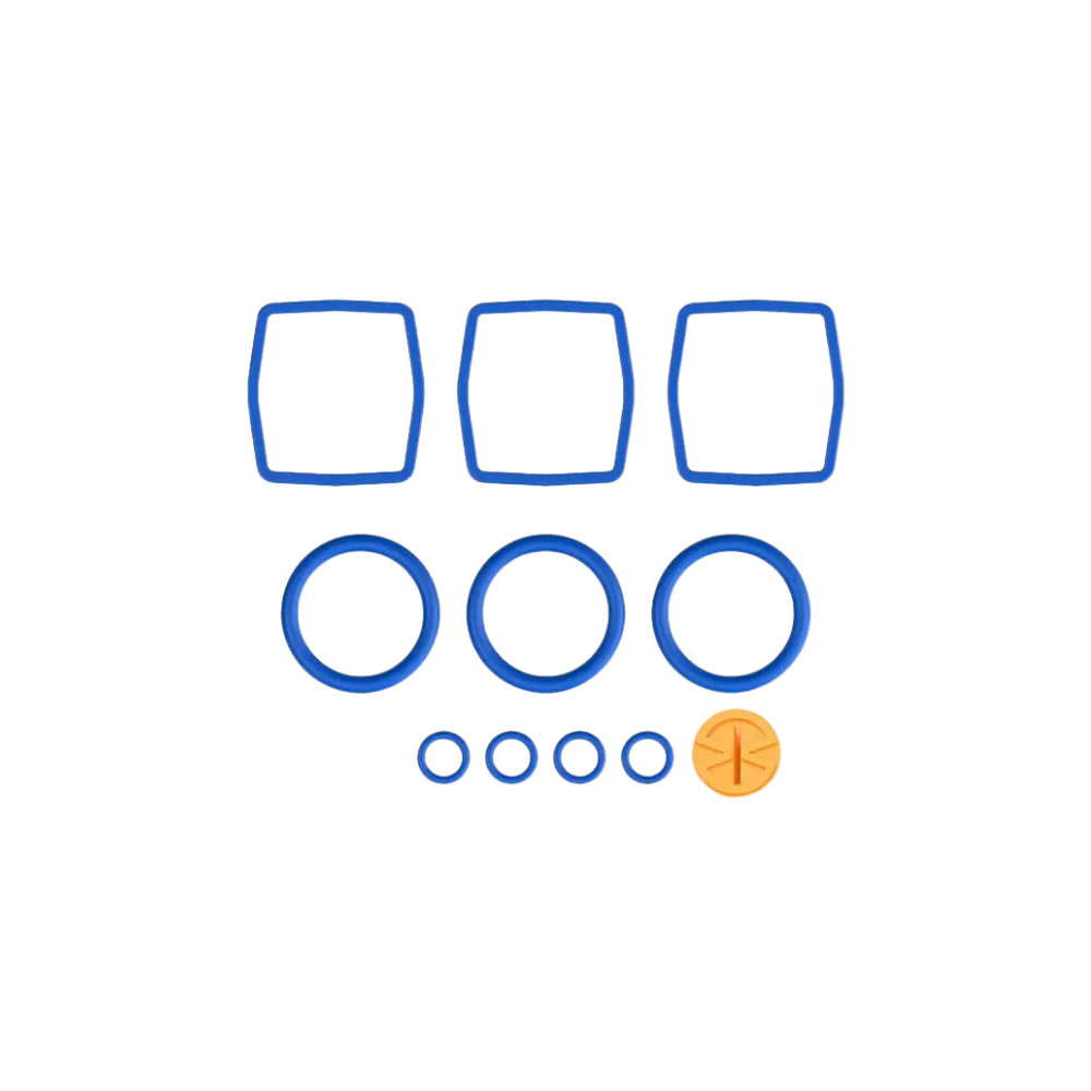 Storz & Bickel Veazy Seal Ring Set laid out on a white background: three black silicone base seal rings, three filling chamber seal rings, four small O-rings and a single rotary cap.