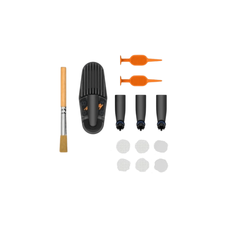 Storz & Bickel Venty Wear & Tear Set viewed from above: replacement mouthpieces, a cooling unit, a screen set, filling chamber tools and a cleaning brush, laid out on a plain background.