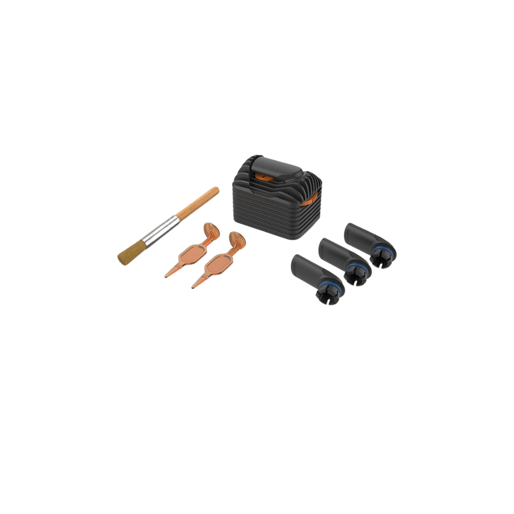 The same Venty Wear & Tear Set components photographed from the side, showing the cooling unit and mouthpieces in profile.